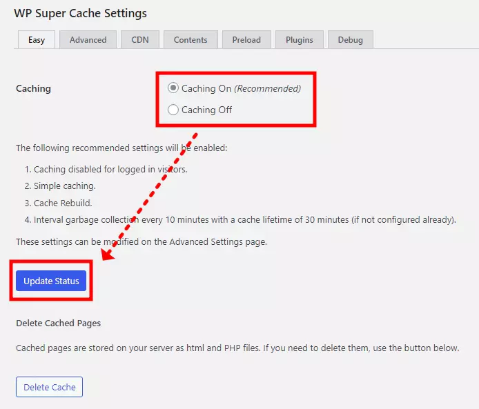 WP Super Cache 플러그인 Easy 탭 설정