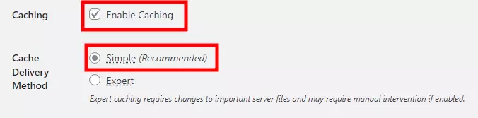 WP Super Cache 플러그인 Advanced 탭 설정: SImple 선택