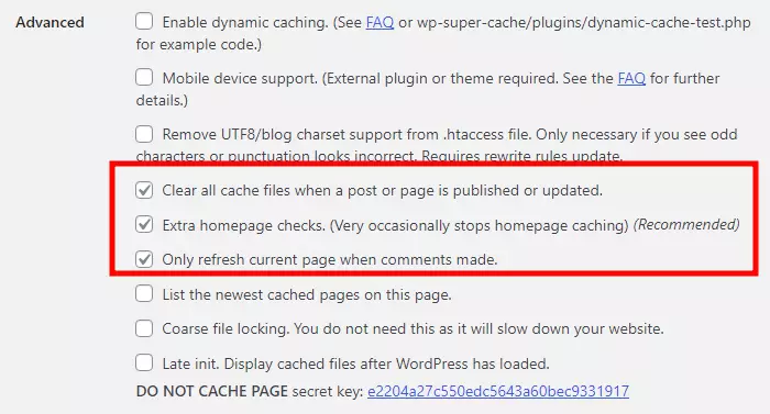 WP Super Cache 플러그인 Advanced 탭 설정: Recommneded 설정들 선택